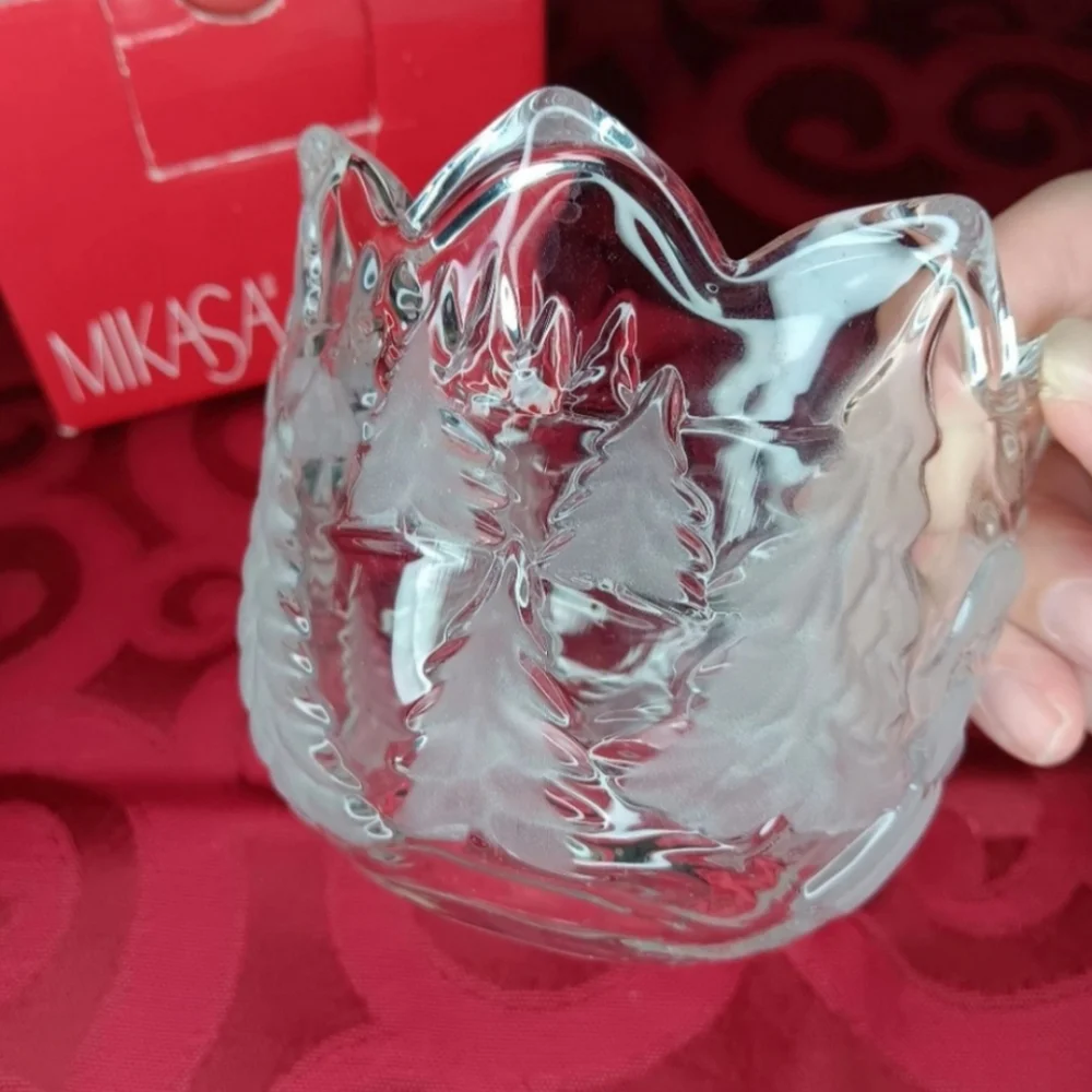 Mikasa Vintage Clear Glass Candle Holder | EUC | Frosted Christmas Trees
